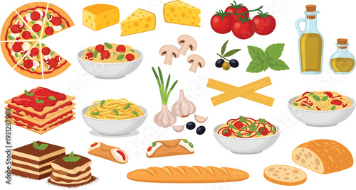 Italian cuisine food collection with pizza pasta lasagna olive oil cheese bread and dessert vector illustration set