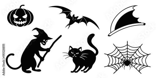 Spooky halloween icons featuring cats, bats, and webs