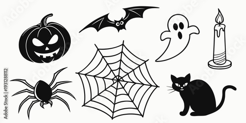 Halloween-themed illustrations featuring various spooky symbols and creatures