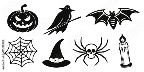 Halloween-themed icons featuring a jack-o'-lantern, crow, bat, spider web, witch's hat, spider, and candle
