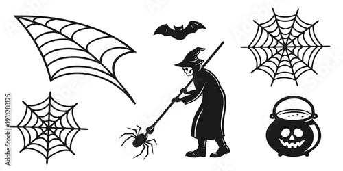 Spooky halloween icons featuring bats, witches, and pumpkins