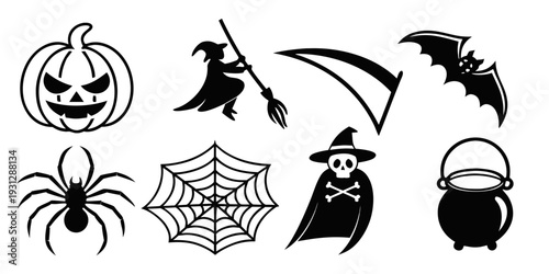 A collection of spooky halloween icons featuring a witch, ghosts, a pumpkin, a spider, and a bat
