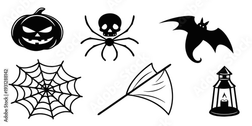 Spooky halloween icons featuring a jack-o'-lantern, skull, bat, spider, web, and lantern