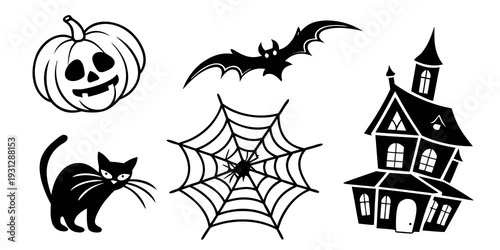 Spooky halloween icons featuring a pumpkin, bat, black cat, spider web, and haunted house