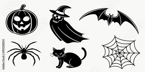 A collection of spooky and festive halloween icons featuring a pumpkin, witch, bat, spider, black cat, and web.