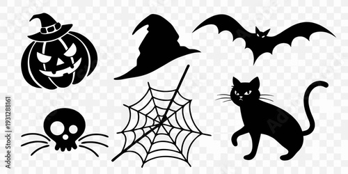 Spooky halloween icons featuring a jack o lantern, witch hat, bat, spider web, skull, and black cat