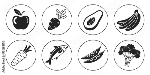 Assorted fruits and vegetables in a grid of icons