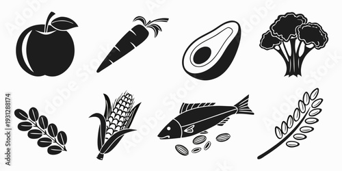 Assorted healthy food items including fruits, vegetables, and fish