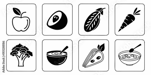 Assorted black and white illustrations of various vegetables and fruits