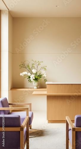 The chairs are purple in color and the table is light brown.