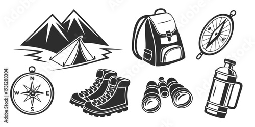 Illustrations of camping gear including a tent, backpack, and compass.