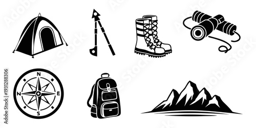 Essential gear and symbols for a successful hiking adventure in the mountains