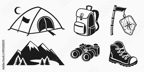 An assortment of camping and outdoor adventure equipment and icons