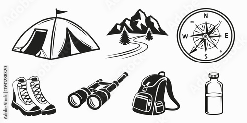 Illustration of camping gear and nature symbols for outdoor adventure planning