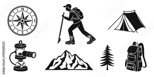 Outdoor adventure equipment and nature symbols for hiking and camping enthusiasts