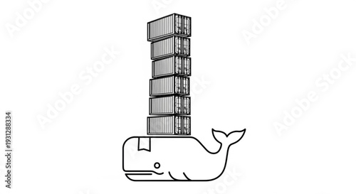 Whale carrying shipping containers viewed from the side in a simple illustration