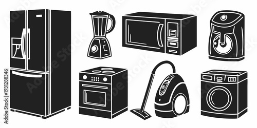 A variety of essential household appliances including a refrigerator, microwave, oven, and more.