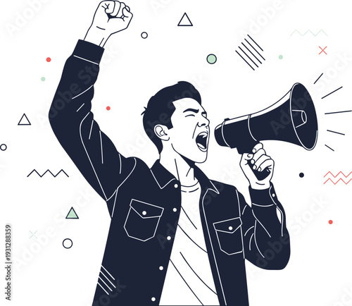 Young man shouting through megaphone raising fist protest announcement and motivation monochrome vector illustration concept