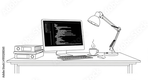 A computer monitor displays code on a desk with a lamp, keyboard, and books in a workspace viewed from the side.