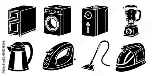 A collection of vintage household appliances including a vacuum cleaner, iron, and blender.