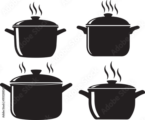 Four black cooking pots with steam rising from lids on white background kitchen food