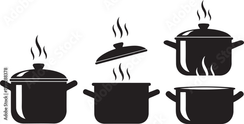 Five black cooking pots with steam rising from some heat kitchen