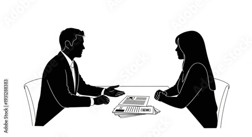 Man and woman in business attire sitting across from each other at a table with documents in a professional setting