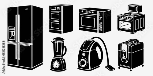 A collection of various kitchen appliances and electronics in a black and white illustration