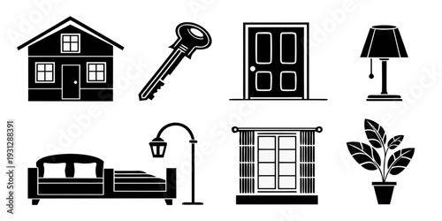 Assorted icons representing home, furniture, and security elements.