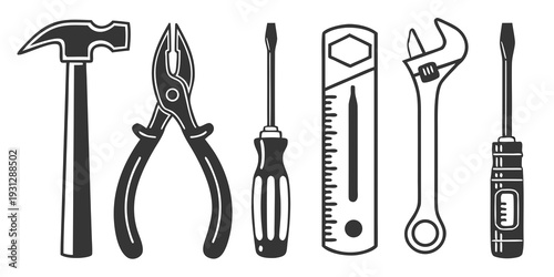 A variety of tools including a hammer, pliers, screwdriver, ruler, wrench, and drill.