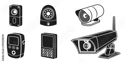 Assorted security cameras and monitoring devices arranged in a row.