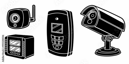 A collection of security devices including cameras and a mobile phone