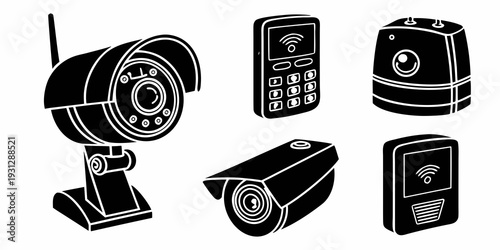 A collection of various security cameras and devices for surveillance and monitoring