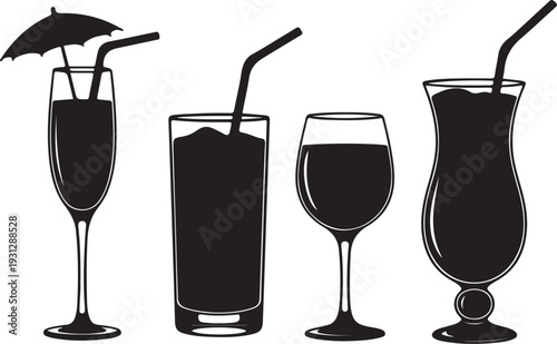 Four black silhouette cocktail glasses with straws and one umbrella on white background drink beverage