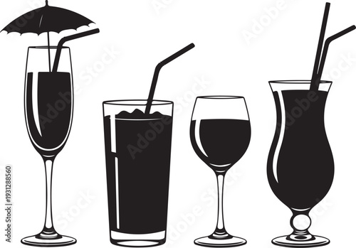 Four black silhouette drinks in different glasses with straws and one umbrella beverage cocktail wine glass