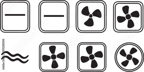 Set of black and white representing fan settings and air flow fan air flow wavy lines settings control temperature cooling ventilation appliance electronic symbol