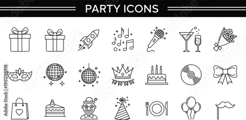 Comprehensive Linear Party and Celebration Icon Set Featuring Gift Boxes Disco Balls Birthday Cakes and Festive Accessories for Event Design