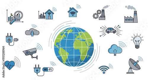 Colorful Illustrated Globe Surrounded by Technology Icons.