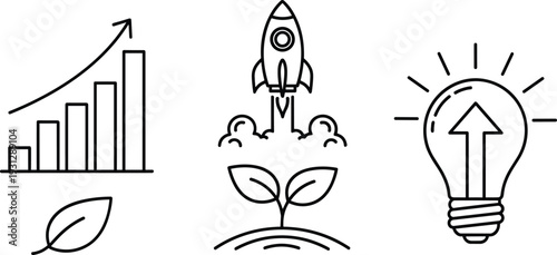 Sustainable Innovation and Business Growth Icon Set Featuring Rocket Launch Seedling and Lightbulb Arrow for Eco-Friendly Startup Branding
