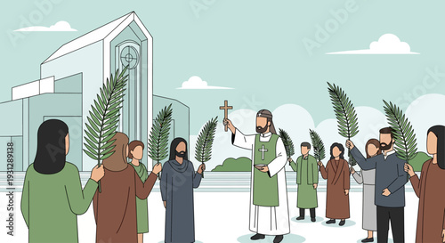 A vibrant flat design illustration capturing the essence of a Palm Sunday blessing ceremony, showing a priest with parishioners holding palm branches. 