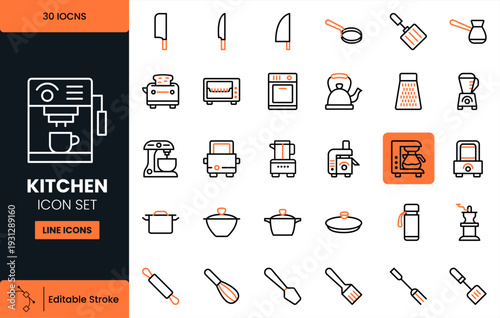 Kitchen Utensils and Appliances Line Icons Set