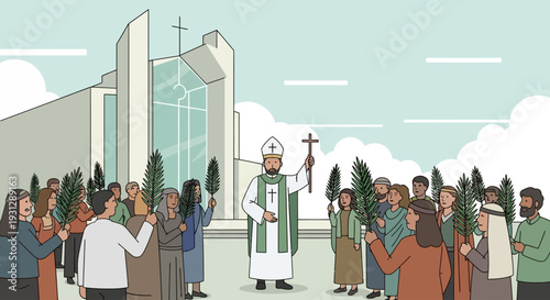 A vibrant flat design illustration capturing the essence of a Palm Sunday blessing ceremony, showing a priest with parishioners holding palm branches. 