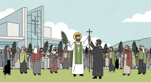 A vibrant flat design illustration capturing the essence of a Palm Sunday blessing ceremony, showing a priest with parishioners holding palm branches. 