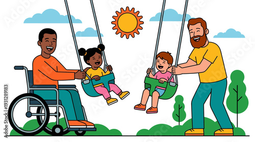 Diverse inclusive family at playground man in wheelchair pushing children on swings