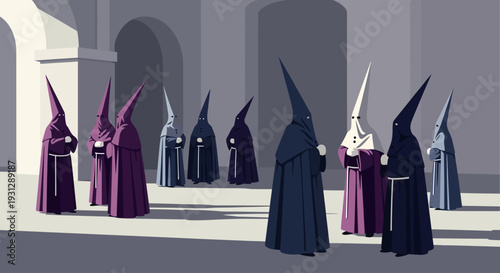 An evocative flat design illustration showcasing Nazarenos in their distinct robes, gathering solemnly before a Semana Santa procession begins.