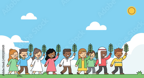 A delightful flat design illustration depicting children happily participating in a Palm Sunday procession, each holding a small palm branch. 