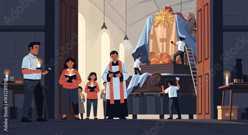 A detailed flat design illustration showcasing the meticulous preparation of a Holy Week float, or paso, as it's being unveiled for opening events. 