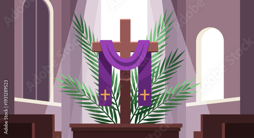 A symbolic flat design illustration featuring a cross adorned with a purple stole and palm branches, representing the solemn opening of Holy Week. 