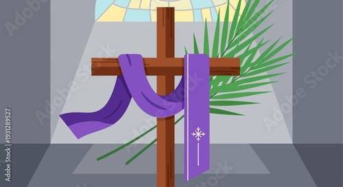 A symbolic flat design illustration featuring a cross adorned with a purple stole and palm branches, representing the solemn opening of Holy Week. 