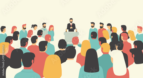 A serene flat design illustration showing a community gathered attentively for an opening address or sermon during Semana Santa. 
